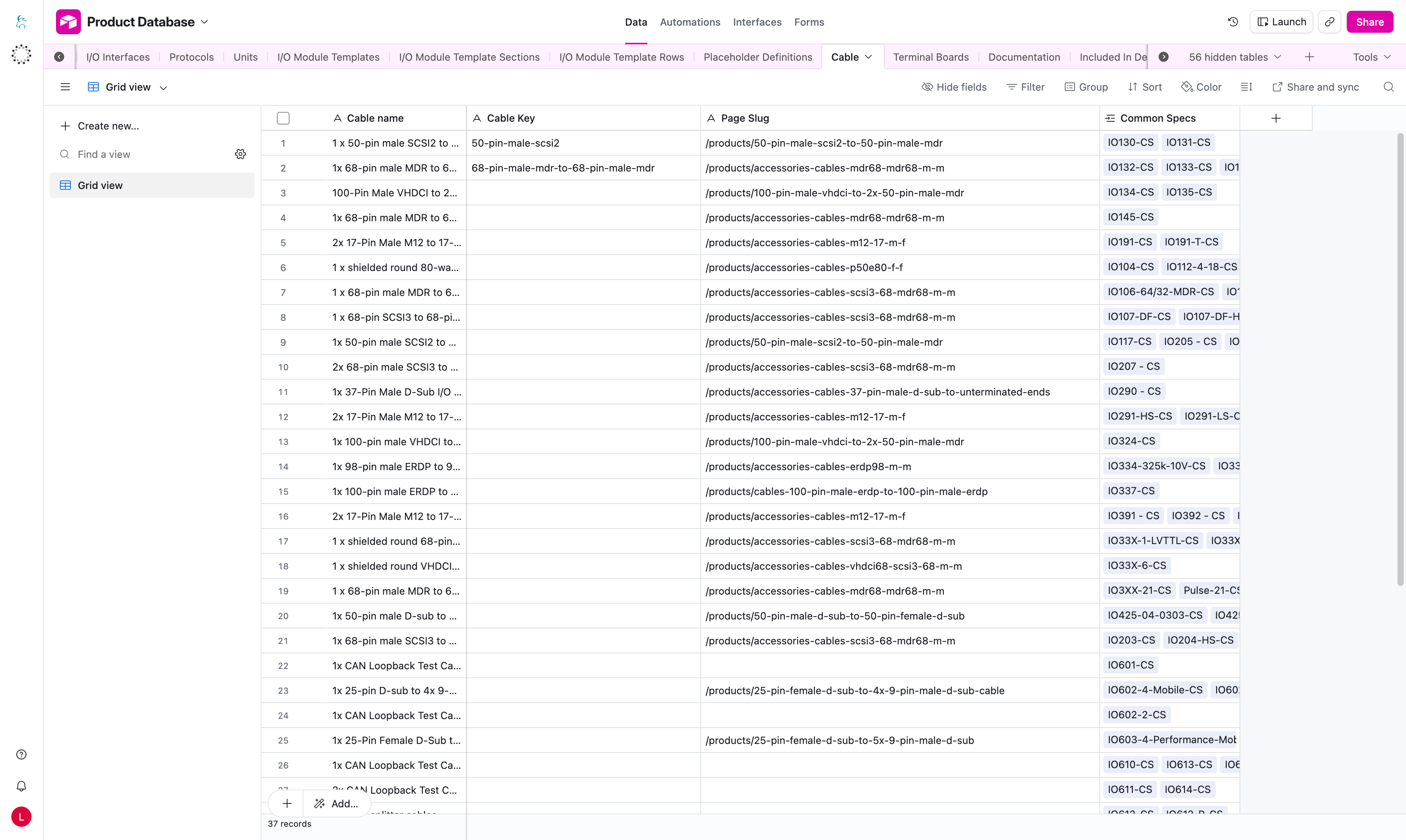 Cable table screenshot