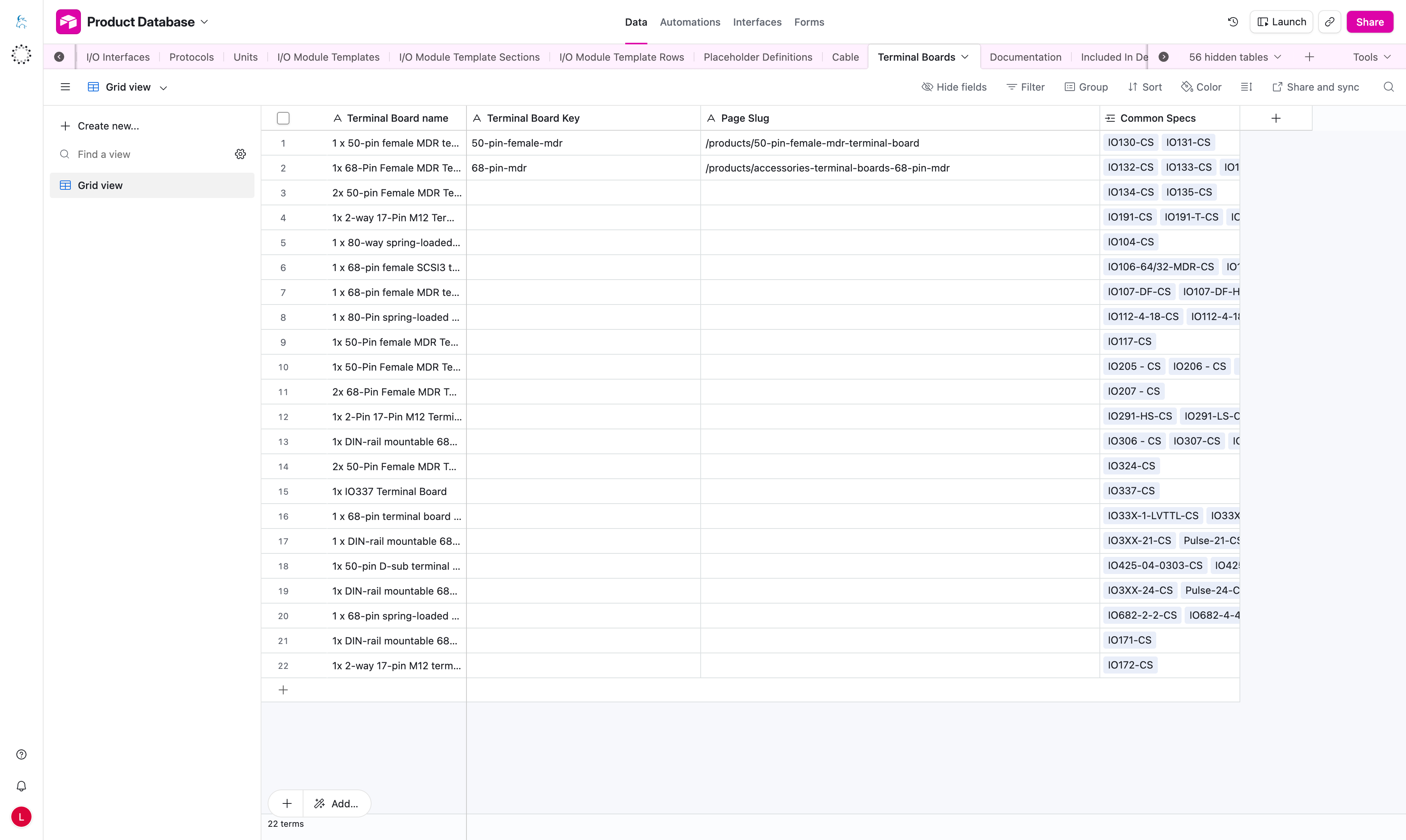 Terminal Boards table screenshot